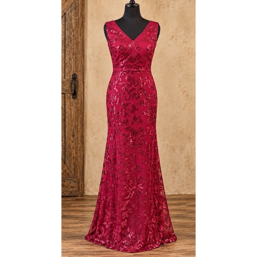 IMCACTOR Burgundy Sequin Floral Lace Up Back Formal Evening Gown Size 6 NEW